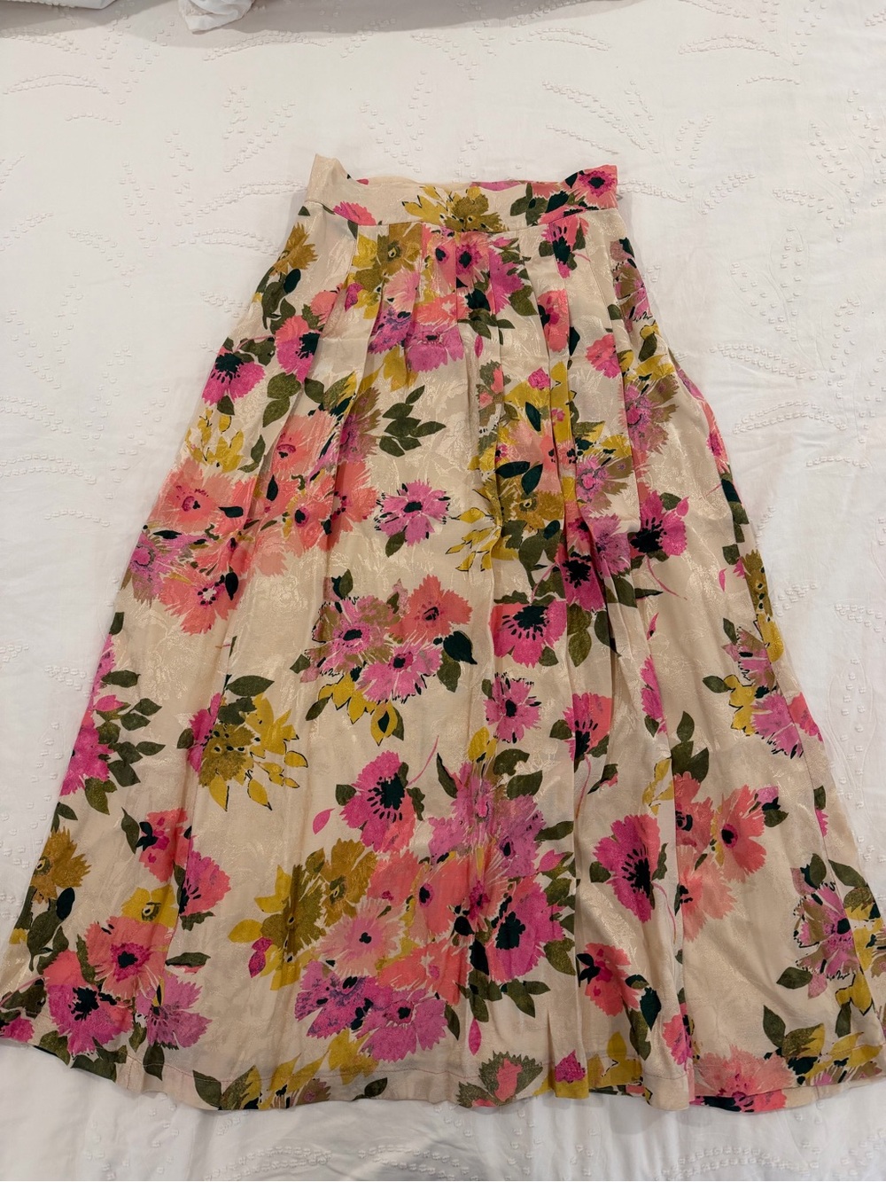 Sezane Floral A-Line Midi Skirt in Pink, Green & Cream